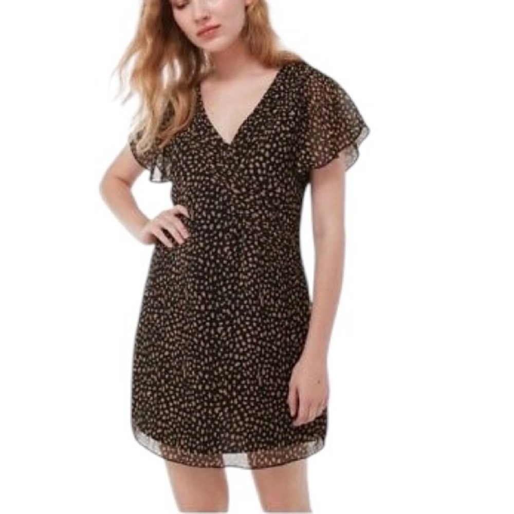 Urban Outfitters Rosalee Black Tan Spotted Print Flutter Sleeve Mini Dress - XS